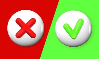 Check and cross mark 3d realistic volumetric render buttons. Vector cut out, isolated illustration. Shiny Tick Cross badge set. Check and cross mark  icons.