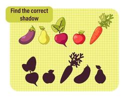 Find the correct shadow game with fruits and vegetables. Cartoon vector illustration.  Educational game for children.