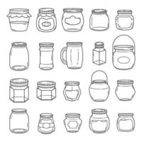 Set of vector outline doodle hand drawn jars and containers for food isolated