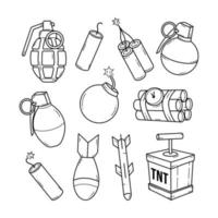 Outline doodle bomb and grenade objects sketch hand drawn vector graphic