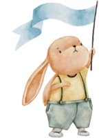 carino coniglio Tenere bandiera, cartone animato acquerello mano dipingere coniglietto, lepre personaggio elemento per Pasqua saluto carta, primavera, estate manifesto, illustrazione ritratto animale png
