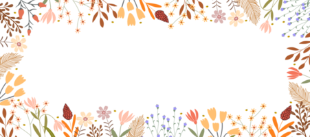 Autumn flowers frame,Fall horizontal banner with cute hand drawn colourful wild flowers and leaves border,Vector illustration backdrop background for Thanksgiving,Harvest Day png