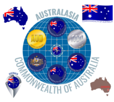 Set of  illustrations of flag, contour map, money, icons of Australia. Travel concept. png