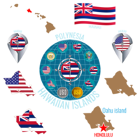 Set of  illustrations of flag, outline map, money, icons of Hawaii. Travel concept. png