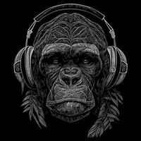 A gorilla wearing headphones is lost in a world of music, nodding its head to the beat. Despite its imposing size, the gorilla looks peaceful vector