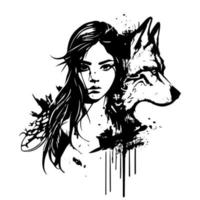 A wolf is a powerful predator, known for its fierce loyalty and intelligence. A beautiful girl is captivating, with her grace and charm leaving a lasting impression vector