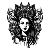 A wolf is a powerful predator, known for its fierce loyalty and intelligence. A beautiful girl is captivating, with her grace and charm leaving a lasting impression vector