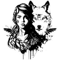 A wolf is a powerful predator, known for its fierce loyalty and intelligence. A beautiful girl is captivating, with her grace and charm leaving a lasting impression vector