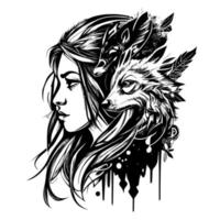 A wolf is a powerful predator, known for its fierce loyalty and intelligence. A beautiful girl is captivating, with her grace and charm leaving a lasting impression vector