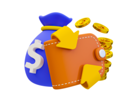 3d mínimo ahorro de dinero concepto. depositando dinero. coleccionar dinero para Jubilación. salario administración concepto. billetera con un dinero bolso y un pila de dinero. 3d ilustración. png