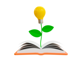 3d mínimo crescimento mentalidade. aluna Aprendendo crescimento conceito. lendo uma livro para pegue uma Novo ideia. conhecimento buscando. luz lâmpada crescendo a partir de uma livro didático. 3d Renderização ilustração. png
