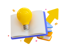 3d minimal self-development concept. Self-learning concept. Reading a book to get a new idea. Knowledge seeking. Textbook with a light bulb. 3d rendering illustration. png