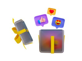 3d minimal social médias expression. social commercialisation concept. une nuageux miroir boîte avec un social emoji icône. 3d illustration. png