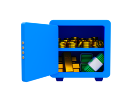 3d minimal money-saving concept. Storing money in the safe box. A pile of money, gold, and banknotes inside a safe box. 3d illustration. png