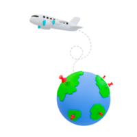 3d minimal Holiday travel trip. Summer vacation trip. Relaxation time concept. Travel or tourism concept. A globe with an airplane flying. 3d illustration. png