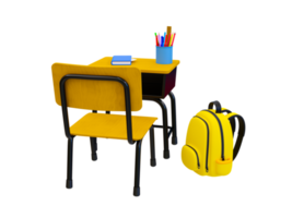 3d minimal Back to School concept. classroom compositions. Colleague table with a school bag. 3d rendering illustration. png