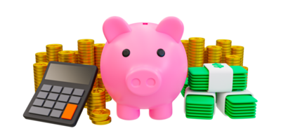 3d minimal money-saving concept. saving money for finance accounting. financial growth concept. Saving money for future investments. piggy bank with a calculator and a pile of money. 3d illustration. png