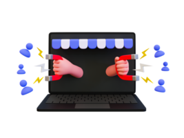 3d minimal customer attracting strategy concept. business strategy to grow customer base. increasing patron. laptop with hand holding magnet drawing a customer.3d illustration. png