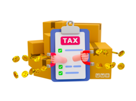 3d minimal accounting taxation concept. tax calculating concept. Taxes on goods and services concept. tax clipboard drawing money with parcels. 3d illustration. png