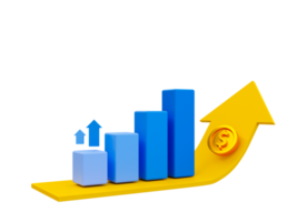 3d minimo dati analisi. Soaring finanze. rafforzamento moneta. un' bar grafico con un freccia in aumento. 3d illustrazione. png