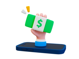 3d online money loan. online transaction. getting money fast concept. Online earning. hand holding a bunch of banknotes coming out from smartphone. 3d illustration. png