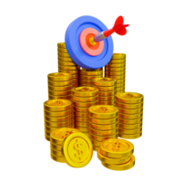 3d minimal financial target goal concept. strategy achievement. achieved the goal. wealth planning strategy concept. A dartboard with a pile of coins. 3d illustration. png