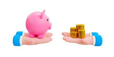 3d minimal money-saving concept. Depositing money. collecting money for retirement. investment for the future. hand holding piggy bank and a pile of coins. 3d illustration. png