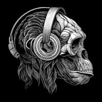 A gorilla wearing headphones is lost in a world of music, nodding its head to the beat. Despite its imposing size, the gorilla looks peaceful vector