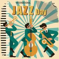 Clásico póster para internacional jazz día. músicos con saxofón, doble bajo y trompeta. retro póster, bandera, vector