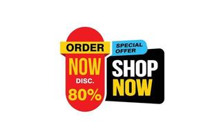 80 Percent SHOP NOW offer, clearance, promotion banner layout with sticker style. vector