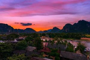 High Angle View and beautiful sunset at Vang Vieng, Laos. photo