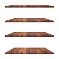 4 Wood shelves table isolated on white background and display montage for product. photo