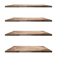 4 Wood shelves table isolated on white background and display montage for product. photo