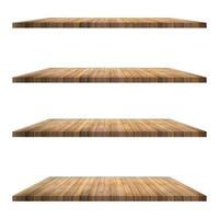 4 Wood shelves table isolated on white background and display montage for product. photo