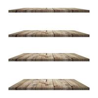 4 Wood shelves table isolated on white background and display montage for product. photo