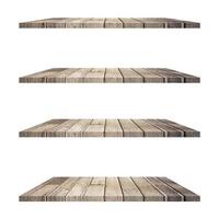 4 Wood shelves table isolated on white background and display montage for product. photo