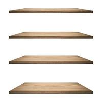 4 Wood shelves table isolated on white background and display montage for product. photo