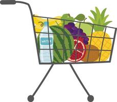 supermercado compras carro con agua y fruta. vector