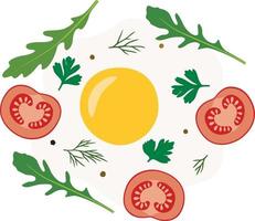 Fried eggs with tomatoes and herbs. vector