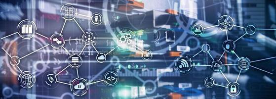 Universal Electronics Technology Background. Internet Concept of global business. Server rack blurred background photo