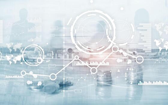 Creative digital abstract business interface background. Financial chart graph diagram and icon on virtual screen. Double exposure. photo