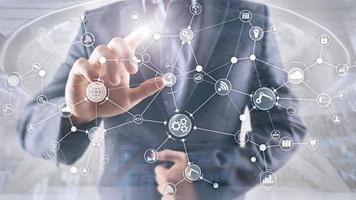 Technology industrial business process workflow organisation structure on virtual screen. IOT smart industry concept mixed media diagram photo