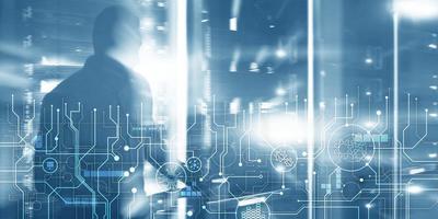 Schematic electronic draft server room information communication technology background. Template design copy space photo