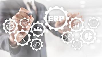 sistema erp, planificación de recursos empresariales en un fondo borroso. concepto de innovación y automatización empresarial foto