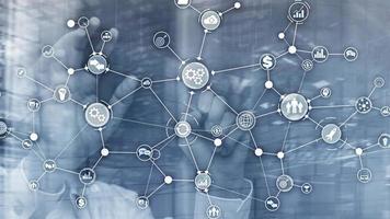 Business process structure industrial workflow diagram automation innovation concept on virtual screen mixed media. photo