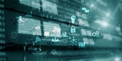 Digital concept internet of things information and telecommunication technology. Double exposure icons and server room background photo