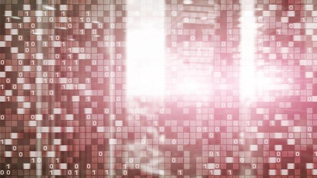 Digital code on blur city background. Abstract Binary code. photo