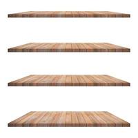 4 Wood shelves table isolated on white background and display montage for product. photo