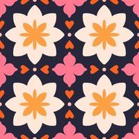 Seamless pattern with abstract flowers and hearts. Vector texture in retro style. Floral tile background