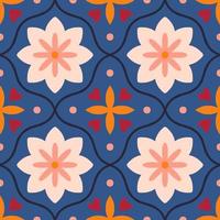 Decorative pattern with symmetrical shapes and abstract flowers. Floral tiled texture in retro style. Repetitive seamless mosaic background vector
